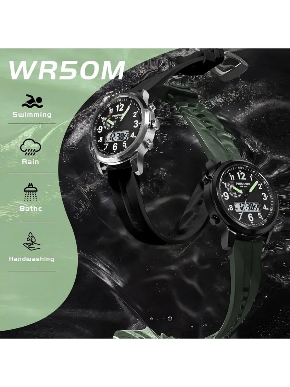 Men's Black Silver Analog Waterproof Military Multifunctional LED Digital Watch